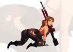  all_fours ass bikini boots breasts brown_hair gloves gun looking_at_viewer metal_gear_(series) metal_gear_solid_v pantyhose ponytail quiet_(metal_gear) risketcher sniper_rifle solo swimsuit torn_pantyhose weapon 