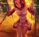  arm_warmers backlighting bad_id bad_pixiv_id blurry breasts brown_hair cleavage dress from_above jojo_no_kimyou_na_bouken light_particles medium_breasts orange_eyes pink_dress rin2010 sitting solo sugimoto_reimi sunlight swing 