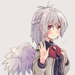  blush bow bowtie braid dress flying_sweatdrops grey_background highres jacket kishin_sagume long_sleeves looking_at_viewer red_eyes short_hair silver_hair simple_background single_wing smile solo thick_eyebrows touhou upper_body waira wings 