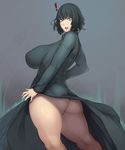  1girl ass bad_id bad_pixiv_id black_hair bottomless breasts cosplay covered_nipples curvy fubuki_(one-punch_man) green_eyes highres huge_breasts looking_back metal_owl_(aden12) one-punch_man open_mouth pubic_hair puffy_nipples solo surprised tatsumaki tatsumaki_(cosplay) thick_thighs thighs thong wide_hips 