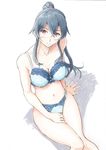  bare_shoulders black_hair blue_bra blue_panties blush bra breasts cleavage frills kantai_collection large_breasts long_hair looking_at_viewer navel panties ponytail red_eyes sidelocks sitting smile solo underwear underwear_only vent_arbre yahagi_(kantai_collection) 