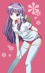  arm_behind_back bangs baseball_mitt blush bow buruma chestnut_mouth clannad fujibayashi_kyou gym_uniform hair_bow hair_intakes hair_ornament lace leaning_forward legs_apart long_hair mattaku_mousuke pink_background purple_eyes purple_hair short_sleeves simple_background solo sportswear standing thighhighs white_bow white_legwear 