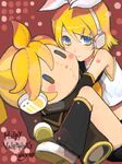  aqua_eyes bad_id bad_pixiv_id blonde_hair blush character_doll hair_ornament hair_ribbon hairclip headphones hug kagamine_rin oharu ribbon short_hair shorts sitting solo stuffed_toy vocaloid 