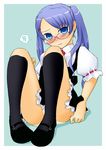  akatsuki_(akatsukishiki) copyright_request glasses highres kneehighs mary_janes shoes socks solo speech_bubble spoken_squiggle squiggle twintails 