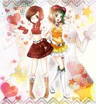  \m/ arms bad_id bad_pixiv_id brown_eyes brown_hair goggles goggles_on_head green_eyes green_hair gumi heart locked meiko midriff mitsuka multiple_girls navel one_eye_closed sakine_meiko vocaloid 