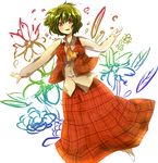  ascot bad_id bad_pixiv_id dress_shirt floating floral_background flower gradient green_hair kazami_yuuka long_skirt no_shoes open_mouth outstretched_arm plaid plaid_skirt plaid_vest red_eyes red_skirt shirt short_hair skirt skirt_set socks solo tirisousu touhou vest white_legwear 