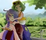  1girl agata_no_michi carrying flower green_eyes green_hair gumi kamui_gakupo long_hair ponytail purple_hair short_hair shoulder_carry sunflower vocaloid 