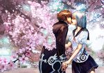  1girl cherry_blossoms couple hetero highres hokoodo holding_hands kiss original school_uniform serafuku tree 