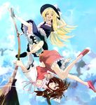  blonde_hair bloomers broom broom_surfing brown_eyes brown_hair cloud day detached_sleeves hakurei_reimu hand_on_headwear hat kirisame_marisa multiple_girls no_socks open_mouth pinky_out sky smile tatwuku touhou underwear upside-down witch_hat yellow_eyes 