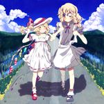  bad_id bad_pixiv_id blonde_hair blue_sky blush bow closed_eyes cloud day dress english flandre_scarlet gjf grass grin hair_between_eyes hair_bow hat kirisame_marisa multiple_girls no_hat no_headwear one_eye_closed outdoors puffy_short_sleeves puffy_sleeves red_bow ribbon-trimmed_dress ribbon-trimmed_sleeves ribbon_trim short_sleeves side_ponytail sky smile touhou white_dress wings yellow_eyes 