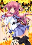  angel_beats! ankle_lace-up bat_wings beamed_eighth_notes beamed_sixteenth_notes belt boots chain cross cross-laced_footwear demon_tail eighth_note fang flat_sign guitar half_note instrument long_hair looking_back music musical_note narumi_yuu_(bunbukudou) open_mouth pink_eyes pink_hair ribbon school_uniform serafuku sharp_sign solo strap tail thigh_strap treble_clef two_side_up wings yui_(angel_beats!) 