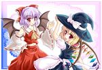 bat_wings blonde_hair bow commentary_request cosplay detached_sleeves fang flandre_scarlet hair_bow hakurei_reimu hakurei_reimu_(cosplay) hat highres hiiragi_tomoka if_they_mated kirisame_marisa kirisame_marisa_(cosplay) lavender_hair midriff multiple_girls red_eyes remilia_scarlet siblings sisters touhou wings witch_hat 