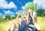  ^_^ bloomers blue_hair bow cirno closed_eyes daiyousei day flower friends green_eyes green_hair head_wreath headband hidori_(hibi_toridori) landscape laughing looking_down meadow mountain multiple_girls nature open_mouth outdoors petals ribbon short_hair side_ponytail smile touhou underwear wings 