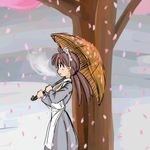  artist_request breath brown_hair cherry_blossoms futaba_channel hidoi lowres maid nijiura_maids solo tree twintails umbrella 
