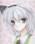  bad_id bad_pixiv_id black_hairband green_eyes hairband highres kirihara_natsuki konpaku_youmu marker_(medium) portrait shikishi short_hair silver_hair smile solo touhou traditional_media 