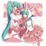  animal_ears animal_hat aqua_eyes aqua_hair bonnet bunny_ears colorized dual_persona eto frills gloves hat hatsune_miku long_hair looking_at_viewer lots_of_laugh_(vocaloid) multiple_girls sitting skirt socks stuffed_animal stuffed_bunny stuffed_toy twintails very_long_hair vocaloid 