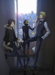  3boys animal_helmet black_hair blonde_hair bodysuit bow bowtie celty_sturluson cigarette cityscape durarara!! enes heiwajima_shizuo helmet highres kishitani_shinra knife labcoat motorcycle_helmet multiple_boys orihara_izaya smoking stairs 