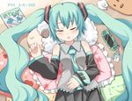  aqua_hair blush clock clockshow closed_eyes detached_sleeves frilled_pillow frills from_above handheld_game_console hatsune_miku long_hair magazine masuneko necktie pillow playstation_portable skirt sleeping solo twintails very_long_hair vocaloid 
