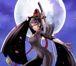  1girl bayonetta bayonetta_(character) beauty_mark black_hair bodysuit breasts brown_eyes earrings female glasses h?y?d hair_bun hãƒ»yãƒ»d hç¹ï½»yç¹ï½»d héƒ¢æ™¢ï½½ï½»yéƒ¢æ™¢ï½½ï½»d jewelry katana long_hair mole moon night outdoors red_ribbon ribbon sky solo sword weapon 