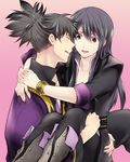  bad_id bad_pixiv_id black_eyes black_hair boots bracelet carrying jewelry knee_boots long_hair male_focus mikou_(monpamanpe) multiple_boys pink_background ponytail princess_carry raven_(tales) smile tales_of_(series) tales_of_vesperia yuri_lowell 
