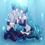  1girl aqua_eyes aqua_hair bad_id bad_pixiv_id detached_sleeves fingerless_gloves genderswap genderswap_(ftm) gloves hatsune_miku hatsune_mikuo headphones headset legs long_hair moyuki necktie sitting skirt smile thighhighs twintails very_long_hair vocaloid zettai_ryouiki 