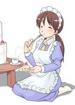  artist_request blush cake closed_eyes food futaba_channel hidoi maid necktie nijiura_maids pastry sitting solo twintails 