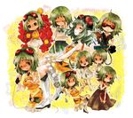  ahoge alternate_costume ametsubu_dance_(vocaloid) bad_id bad_pixiv_id bird bokura_no_16bit_warz_(vocaloid) book boots bow campanella_(vocaloid) chibi goggles goggles_on_head green_eyes green_green_midori-mushi_(vocaloid) green_hair gumi headphones headset heart kimi_ni_gomen_ne_(vocaloid) megu_megu_fire_endless_night_(vocaloid) midriff mitsuka multiple_girls multiple_persona pocket_watch ribbon rubik's_cube samfree_(&quot;night&quot;_songs) short_hair skirt smile songover sonika vocaloid watch 