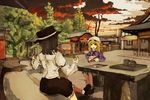  back bad_id bad_pixiv_id board_game commentary go kyoto maribel_hearn multiple_girls outdoors real_world_location shrine sitting stone_lantern sunset tokoroten_(hmmuk) touhou usami_renko 