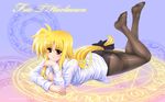  ass bangs black_legwear black_panties blush bow breasts chin_rest crotch_seam dress_shirt fate_testarossa feet hair_bow hair_down hair_ornament highres kamogawa_tanuki large_breasts legs lingerie long_hair looking_at_viewer low-tied_long_hair lying lyrical_nanoha magic_circle mahou_shoujo_lyrical_nanoha_strikers no_bra open_clothes open_mouth open_shirt panties panties_under_pantyhose pantyhose red_eyes shirt solo thighband_pantyhose underwear very_long_hair wallpaper 