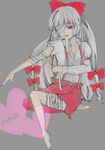  bandage_over_one_eye bandages barefoot fujiwara_no_mokou full_body hair_ribbon heart highres long_hair mouth_hold outstretched_arm outstretched_hand puraisuresu red_eyes ribbon simple_background sitting solo suspenders torn_clothes touhou 