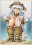  absurdres blindfold blue_hair breasts colossus facing_viewer giantess hair_censor hair_over_breasts highres horns large_breasts long_hair palagia pelagia personification shadow_of_the_colossus shigatake solo water wet 