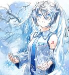  alternate_color alternate_hair_color bare_shoulders bare_tree blue blue_eyes blue_nails branch colored_eyelashes detached_sleeves eyelashes hands hatsune_miku headset kawazu long_hair nail_polish necktie snow snowflakes solo tree twintails vocaloid white_hair winter yuki_miku 