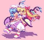  &gt;_&lt; bad_id bad_pixiv_id blonde_hair blue_hair closed_eyes fang flandre_scarlet glomp hat hug hug_from_behind kou_2008 lowres multiple_girls pixel_art red_eyes remilia_scarlet short_hair siblings simple_background sisters touhou wings 