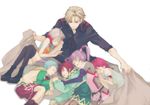  3girls asbel_lhant bad_id bad_pixiv_id blonde_hair blue_hair brown_hair cheria_barnes covering_with_blanket green_shirt hubert_ozwell iccan malik_caesars multicolored_hair multiple_boys multiple_girls pascal pink_hair purple_hair red_hair shirt sleeping sophie_(tales) tales_of_(series) tales_of_graces twintails two-tone_hair white_hair younger 