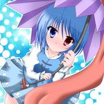  bad_id bad_pixiv_id blue_eyes blue_hair dutch_angle eu_(unknown-me) geta heterochromia highres karakasa_obake purple_umbrella red_eyes short_hair solo tatara_kogasa touhou umbrella 