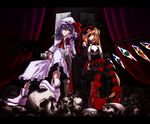  alternate_costume bat_wings blonde_hair eyepatch flandre_scarlet hat highres makie_fujiyuki multiple_girls ponytail purple_hair red_eyes remilia_scarlet short_hair siblings side_ponytail sisters skull throne touhou wings 