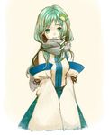  detached_sleeves enpera face frog_hair_ornament green_hair hair_ornament kochiya_sanae long_hair looking_at_viewer scarf sidelocks smile snake_hair_ornament solo sugi touhou 