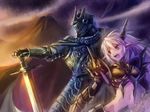  altea armor blau_jack cape edobox elf full_armor helmet horns knight midriff mountain pixiv_fantasia pixiv_fantasia_4 pointy_ears purple_eyes silver_hair sword weapon 