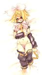  akino_rinko bespectacled blonde_hair blue_eyes blush glasses hair_ornament hair_ribbon hairclip highres kagamine_rin lying on_back panties ribbon short_hair sketch solo underwear vocaloid 