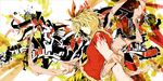  abstract_background adapted_costume bad_id bad_pixiv_id blonde_hair casual contemporary fur_trim lowlight_kirilenko short_hair solo toramaru_shou touhou yellow_eyes 