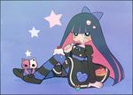  arm_support ayu_(mog) bad_id bad_pixiv_id bangs cake commentary_request cupcake food food_on_face fork long_hair multicolored_hair nail_polish panty_&amp;_stocking_with_garterbelt sitting slice_of_cake solo star stocking_(psg) striped striped_legwear tongue tongue_out two-tone_hair 