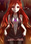  absurdres artist_name ass_visible_through_thighs bat_wings breasts character_request cleavage demon_girl dress dress_lift highres horns jewelry large_breasts long_hair nail_polish necklace original red_eyes red_hair rhode solo thighhighs thumb_ring wings 