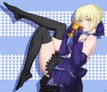  aliasing blonde_hair blue bow braids breasts choker cleavage darkmuleth dress drink erect_nipples fate/grand_order fate_(series) navel saber saber_alter short_hair thighhighs yellow_eyes 