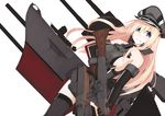  :d absurdres anchor armlet bad_id bad_pixiv_id bare_shoulders bismarck_(kantai_collection) black_legwear blonde_hair breasts brown_gloves collar cowboy_shot dutch_angle elbow_gloves gloves grin gun hat highres holding holding_gun holding_weapon kantai_collection large_breasts long_hair looking_at_viewer machinery mikoto_(oi_plus) military military_uniform open_mouth parted_lips peaked_cap sideboob simple_background smile solo standing thighhighs thighs tsurime uniform very_long_hair weapon white_background wrist_cuffs zettai_ryouiki 