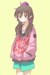  alternate_costume brown_eyes brown_hair contemporary hands_in_pockets hat himekaidou_hatate long_hair long_sleeves low_twintails nibi pointy_ears scrunchie shirt shorts solo tokin_hat touhou twintails 