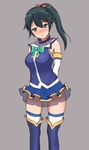  aqua_(konosuba) aqua_(konosuba)_(cosplay) arms_behind_back bad_id bad_pixiv_id bare_shoulders black_hair blue_eyes blue_footwear blush boots cosplay detached_sleeves grey_background hair_ribbon highres houshou_(kantai_collection) kantai_collection kono_subarashii_sekai_ni_shukufuku_wo! long_hair looking_at_viewer miniskirt mitchi ponytail ribbon side_ponytail skirt solo thigh_boots thighhighs white_footwear zettai_ryouiki 