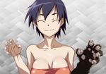  1girl bakemonogatari bare_shoulders blue_hair breasts cleavage collarbone eyes_closed happy highres kanbaru_suruga kyabakurabakufu large_breasts monogatari_(series) short_hair simple_background smile solo strapless upper_body 