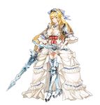  armor armored_boots armored_dress blonde_hair boots breasts cendrillion_(wonderland_wars) dress gown green_eyes hair_ribbon jewelry large_breasts long_hair ribbon shoulder_armor solo sword weapon wonderland_wars 