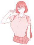  1girl backpack bag bangs breasts collared_shirt cowboy_shot cropped_torso ekz_(drawfag) glasses hairband hand_up highres looking_at_viewer monochrome original plaid red shirt shirt_tucked_in short_hair short_sleeves simple_background sketch smile solo upper_body v white_background 