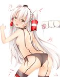  absurdres amatsukaze_(kantai_collection) ass black_panties blush brown_eyes gloves hairband highres jyt kantai_collection long_hair looking_back lube panties side-tie_panties silver_hair simple_background solo topless two_side_up underwear underwear_only white_background 